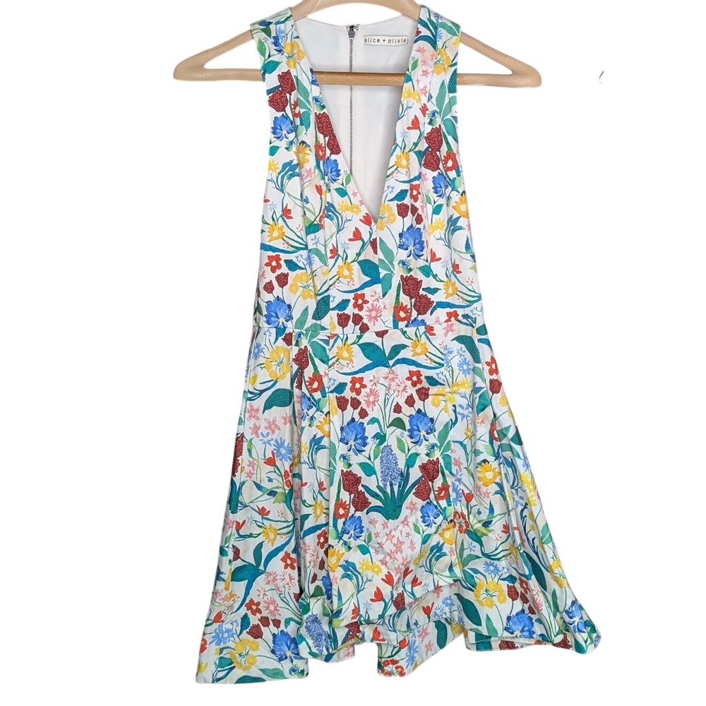 Alice + Olivia Floral Fit & Flare Mini Dress Sleeveless Cotton Stretch 0 CC703P